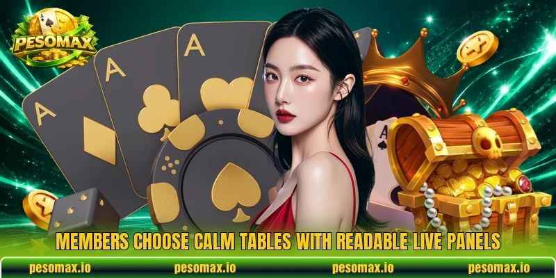 Members choose calm tables with readable live panels